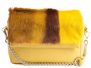 sherene melinda springbok hair-on-hide yellow leather shoulder bag stripe front strap