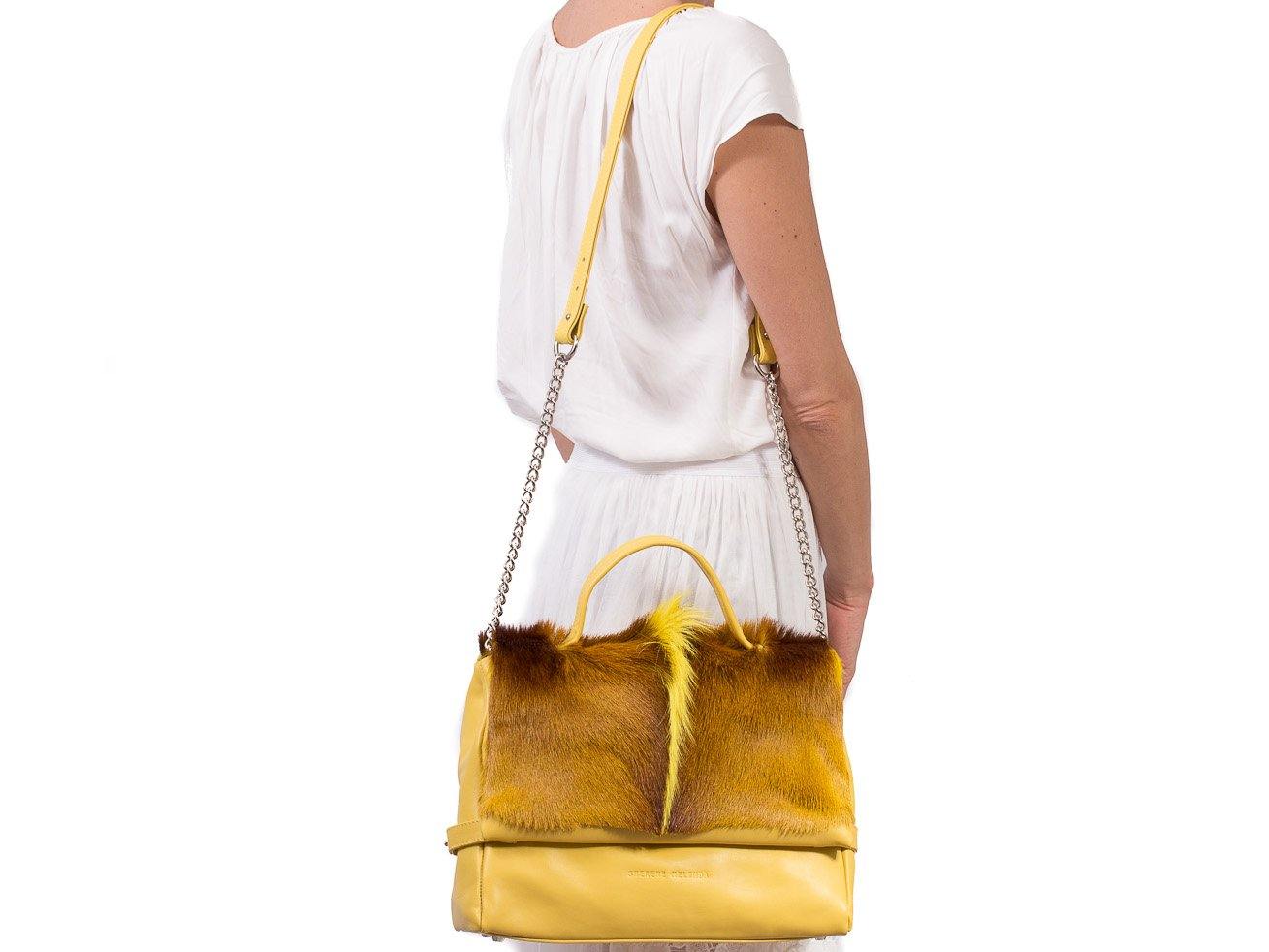 sherene melinda springbok hair-on-hide yellow leather smith tote bag fan context
