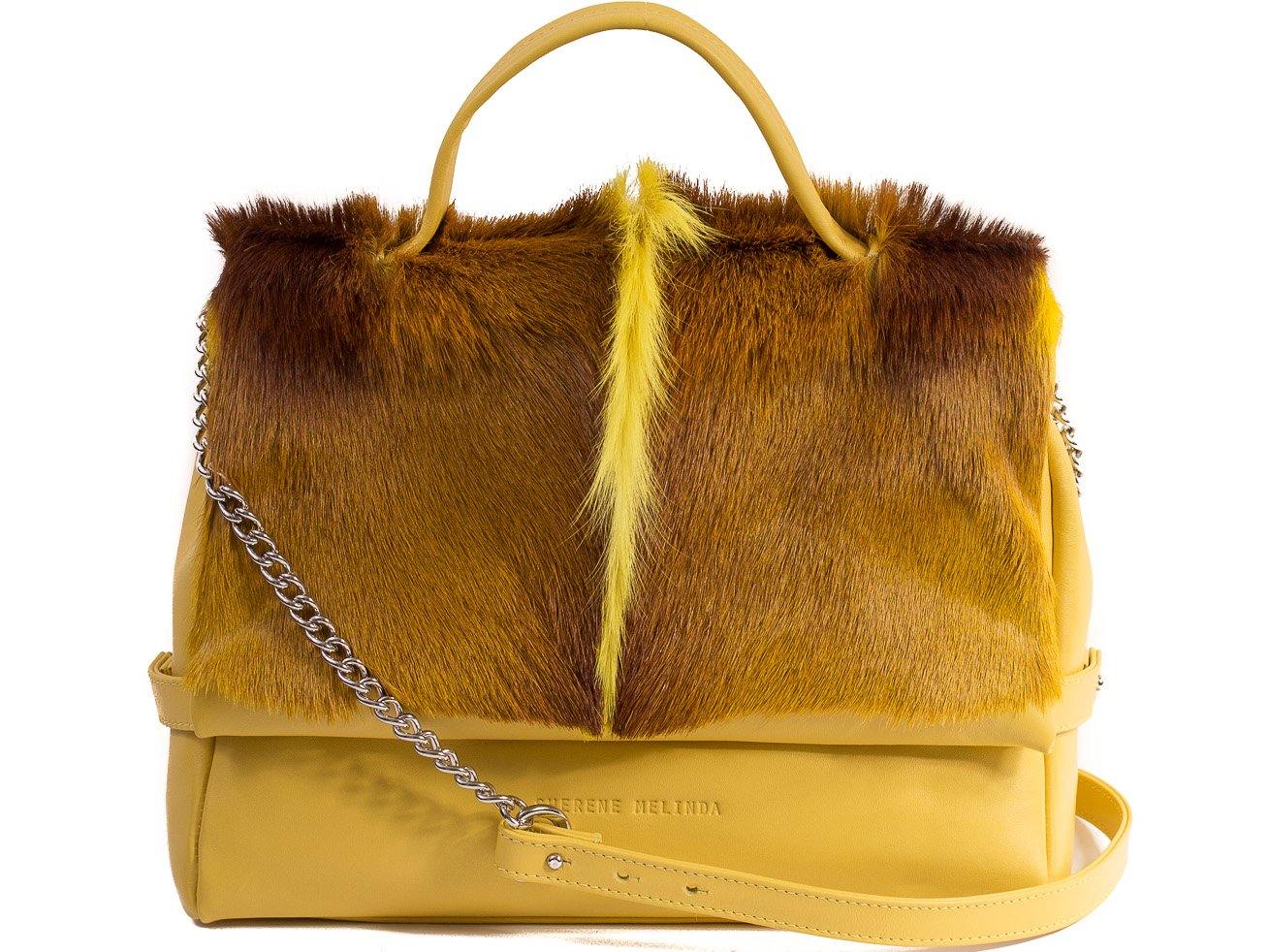 sherene melinda springbok hair-on-hide yellow leather smith tote bag fan front strap