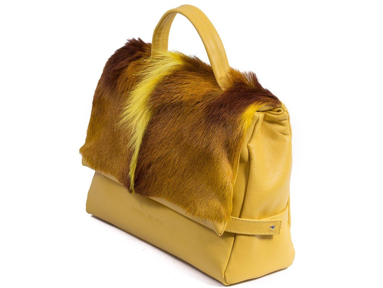 sherene melinda springbok hair-on-hide yellow leather smith tote bag Fan side angle