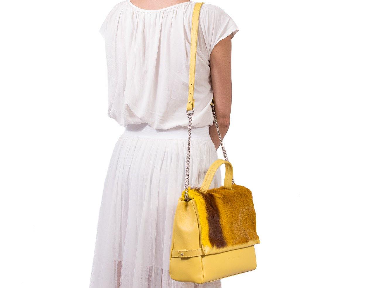 sherene melinda springbok hair-on-hide yellow leather smith tote bag stripe front strap