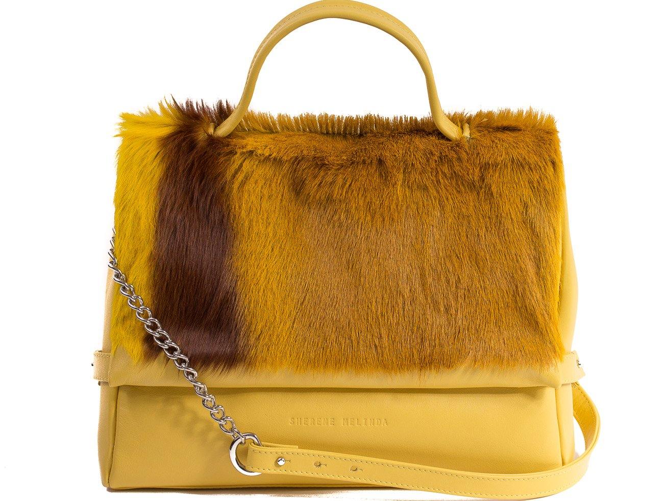 sherene melinda springbok hair-on-hide yellow leather smith tote bag stripe front strap